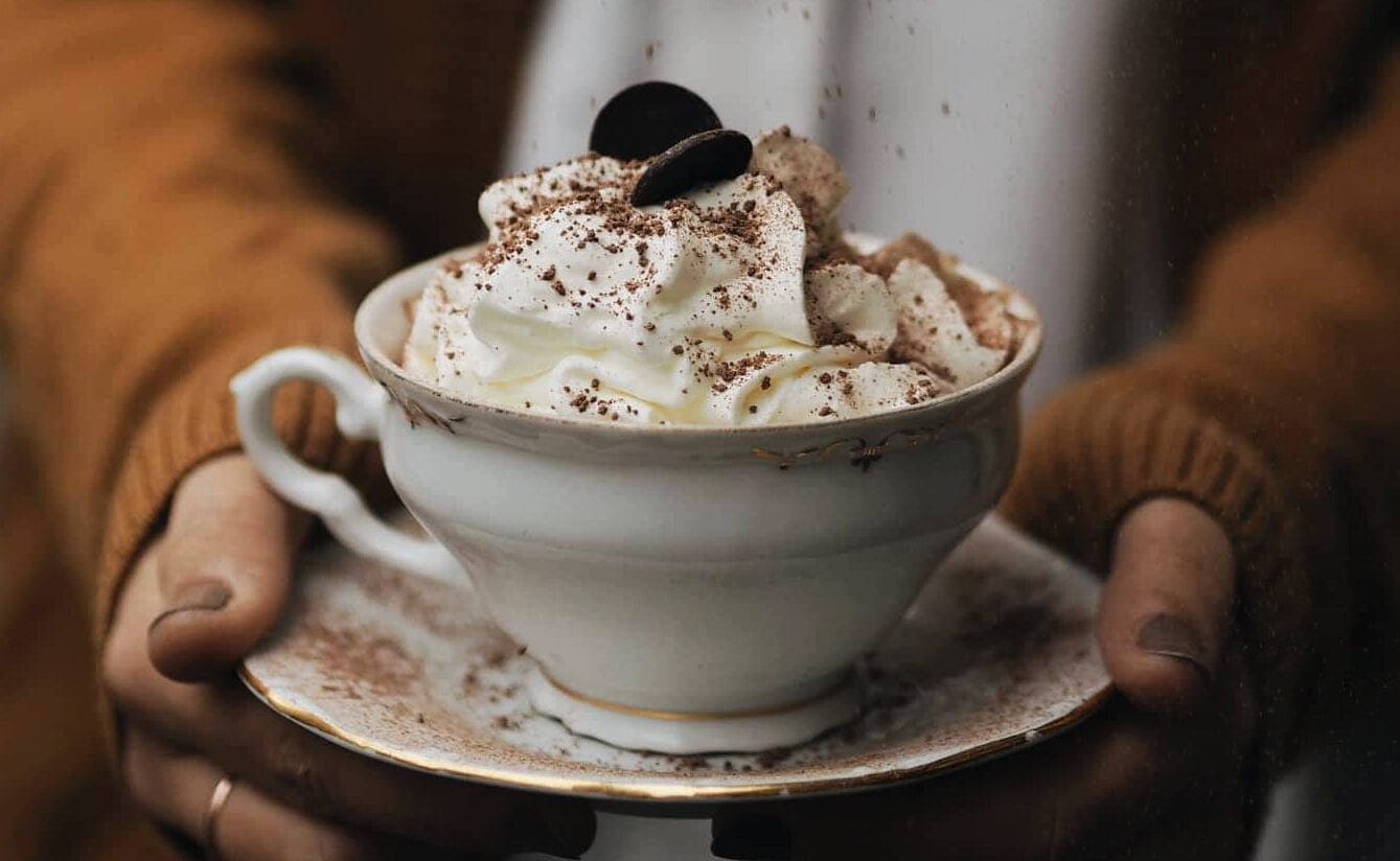hot chocolate with whipped cream held by hands