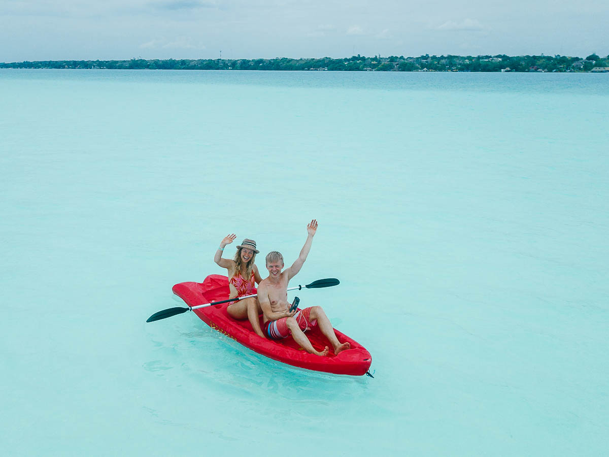Kayaking with two people on Mexico's Lake Bacalar