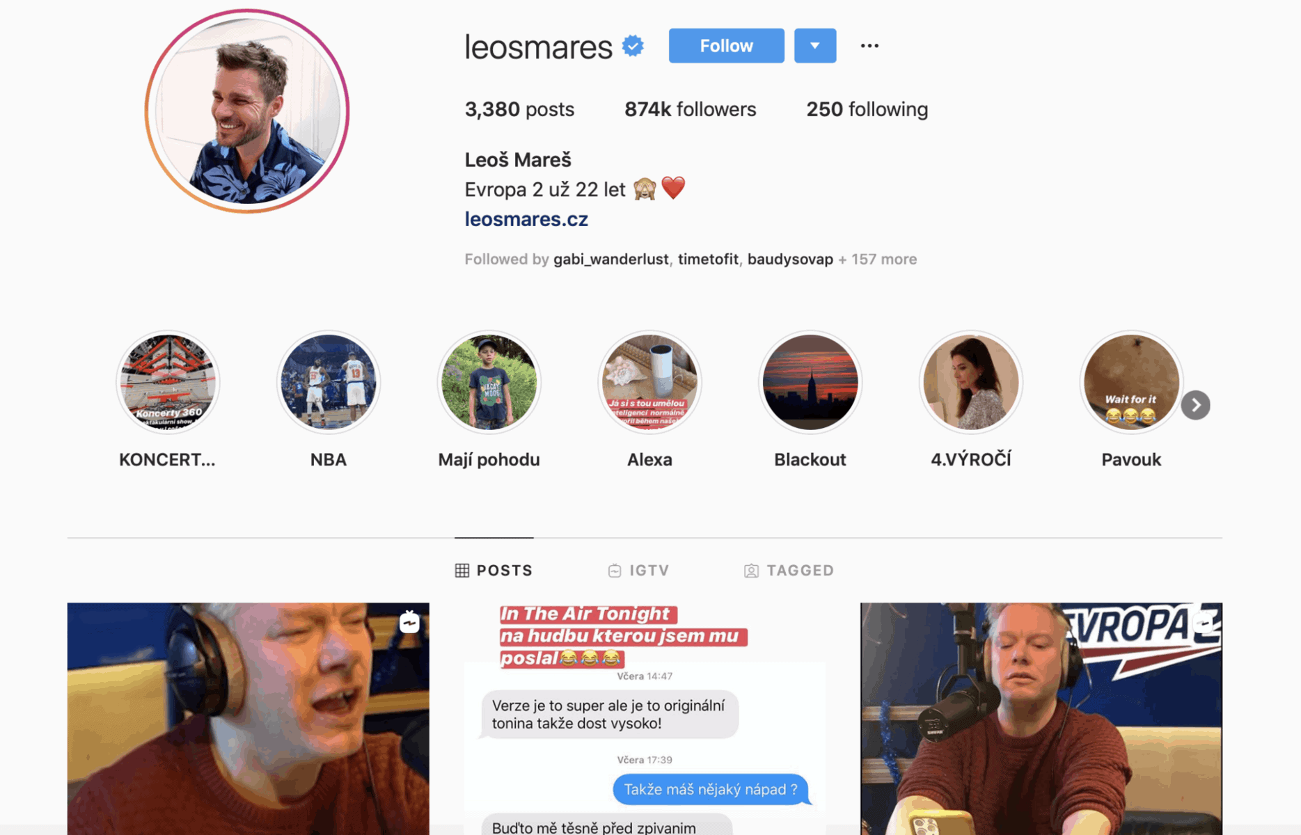 Leoš Mareš ma jeden z najczęściej obserwowanych czeskich Instagramów, źródło: Instagram