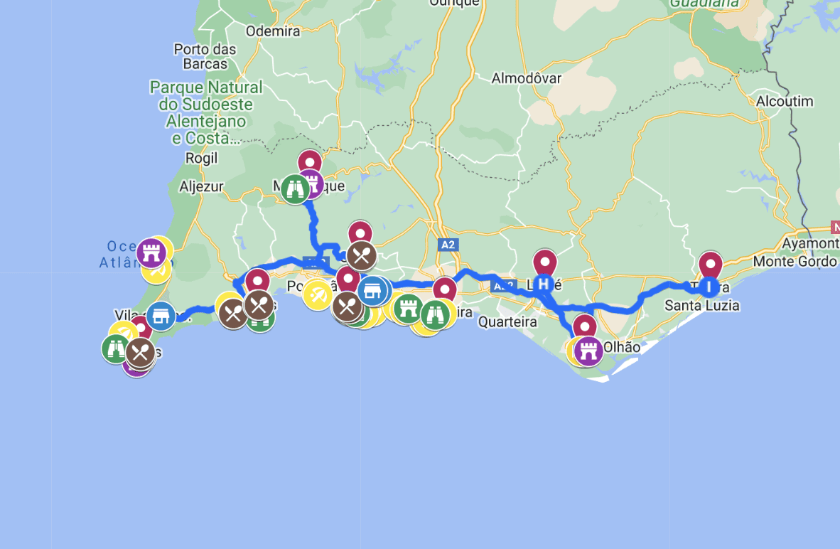 Algarve Portugalsko roadtrip mapa