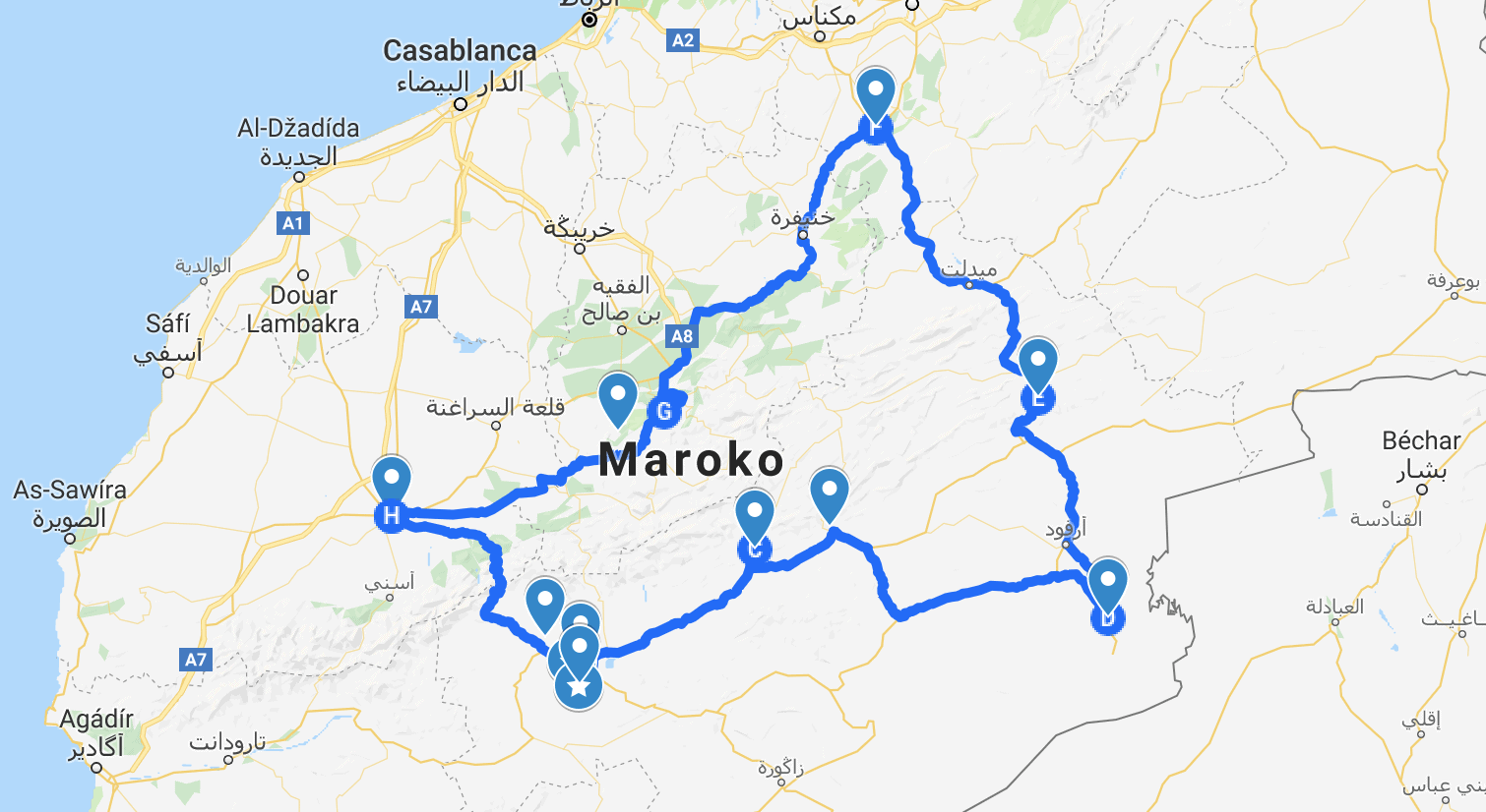 Roadtrip map of Morocco from Marrakesh to Sahara